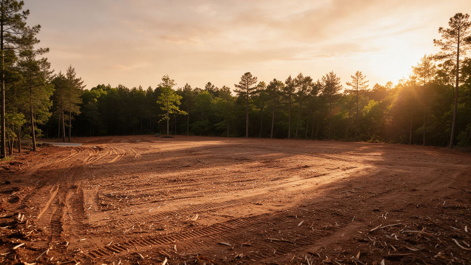 Cleared residential home site in Concord, NC with edge trees preserved