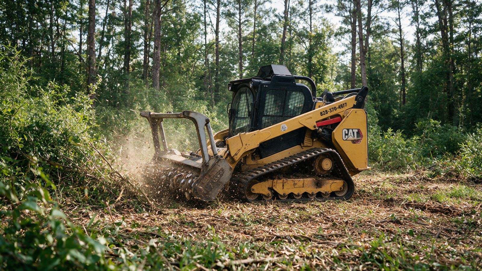 Tracked mulcher grinding dense briars and saplings along a Charlotte property edge